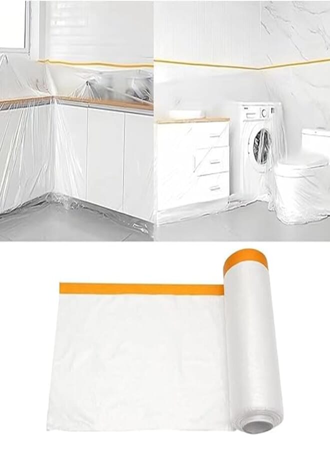 Goodern 4M x 20M Masking Film With Tape, Plastic Waterproof Dust-Proof Pre-Taped Drape, Transparent Painting Protective Masking for Furniture, Carpet, Bed Covering